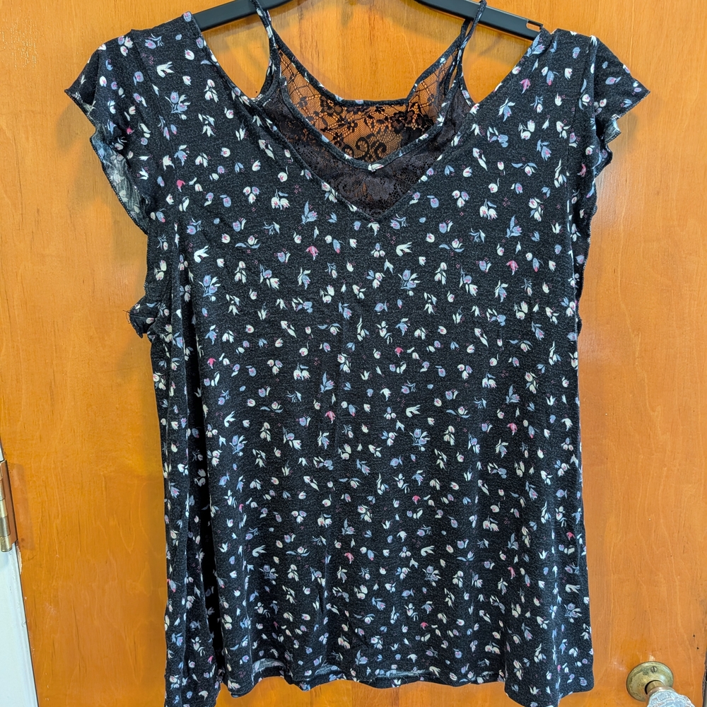 Maurices Black Floral Lace-Trim Camisole Top